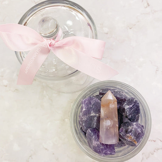 Crystal Energy Aroma Diffuser - Amethyst Raw Stone + Cherry Blossom Agate Crystal Pillar